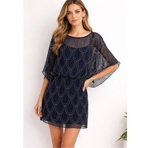 Cache Vintage Navy Beaded Chiffon Cocktail Mini Dress Gown Flapper 90s Women’s 4